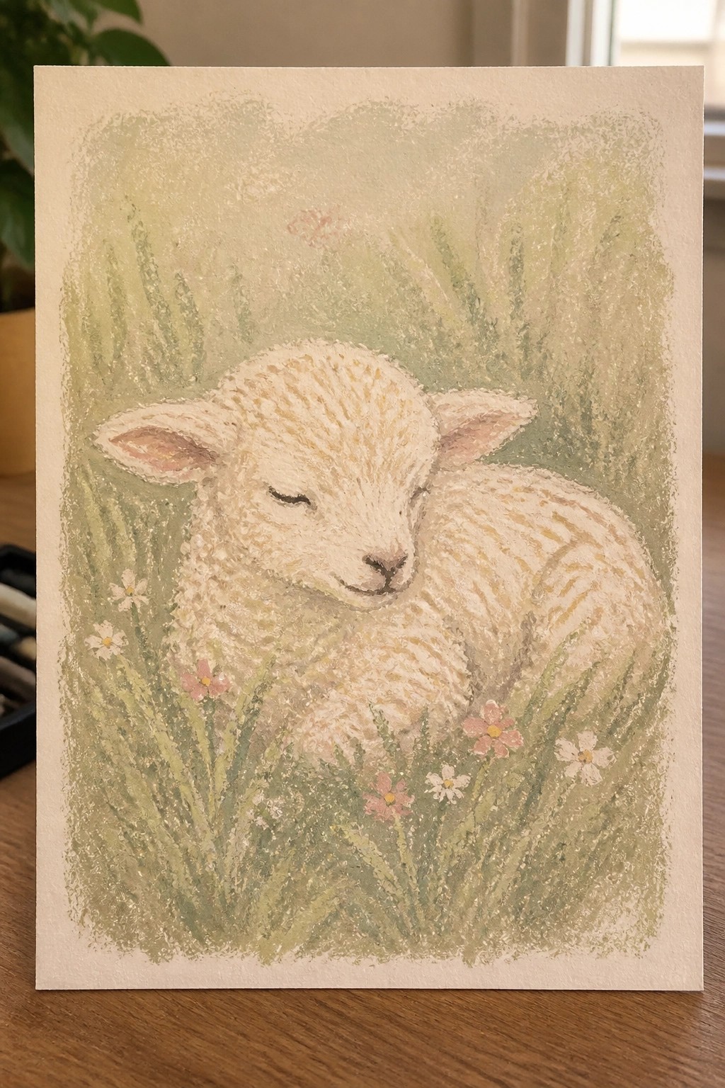 Sleeping white lamb curled in green grass with pink and white wildflowers