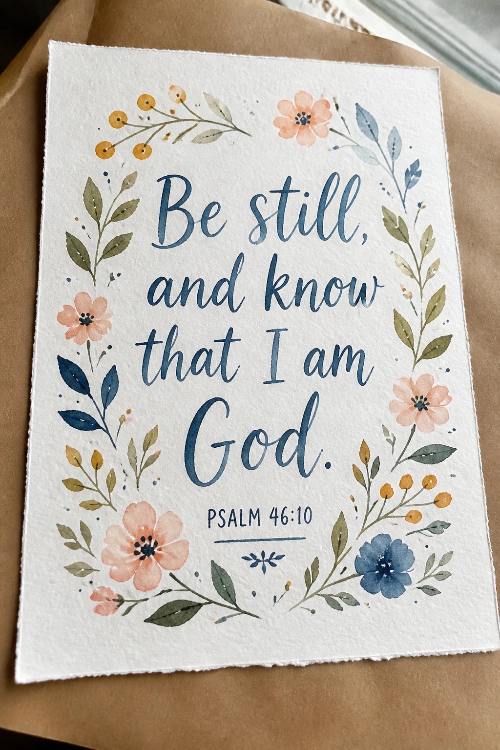 Watercolor card with peach flowers and blue script of Psalm 46:10 quote.