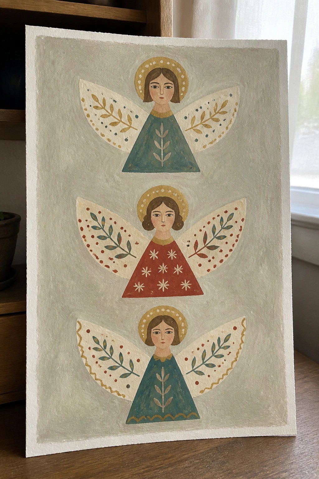 Three folk-art angels stacked vertically with halos and patterned wings in muted tones.