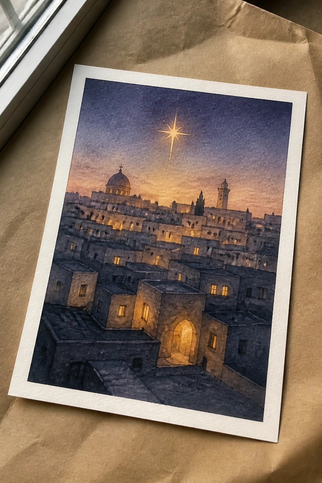 Watercolor of ancient city at dusk with glowing windows and bright star overhead.