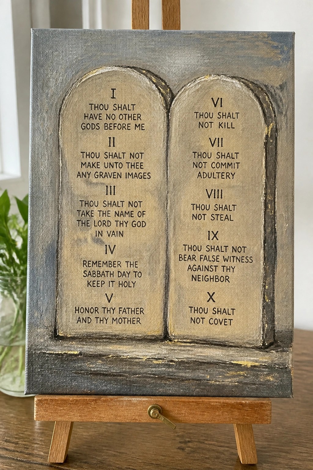 Rustic canvas with gray-framed Ten Commandments tablets on a wooden easel.
