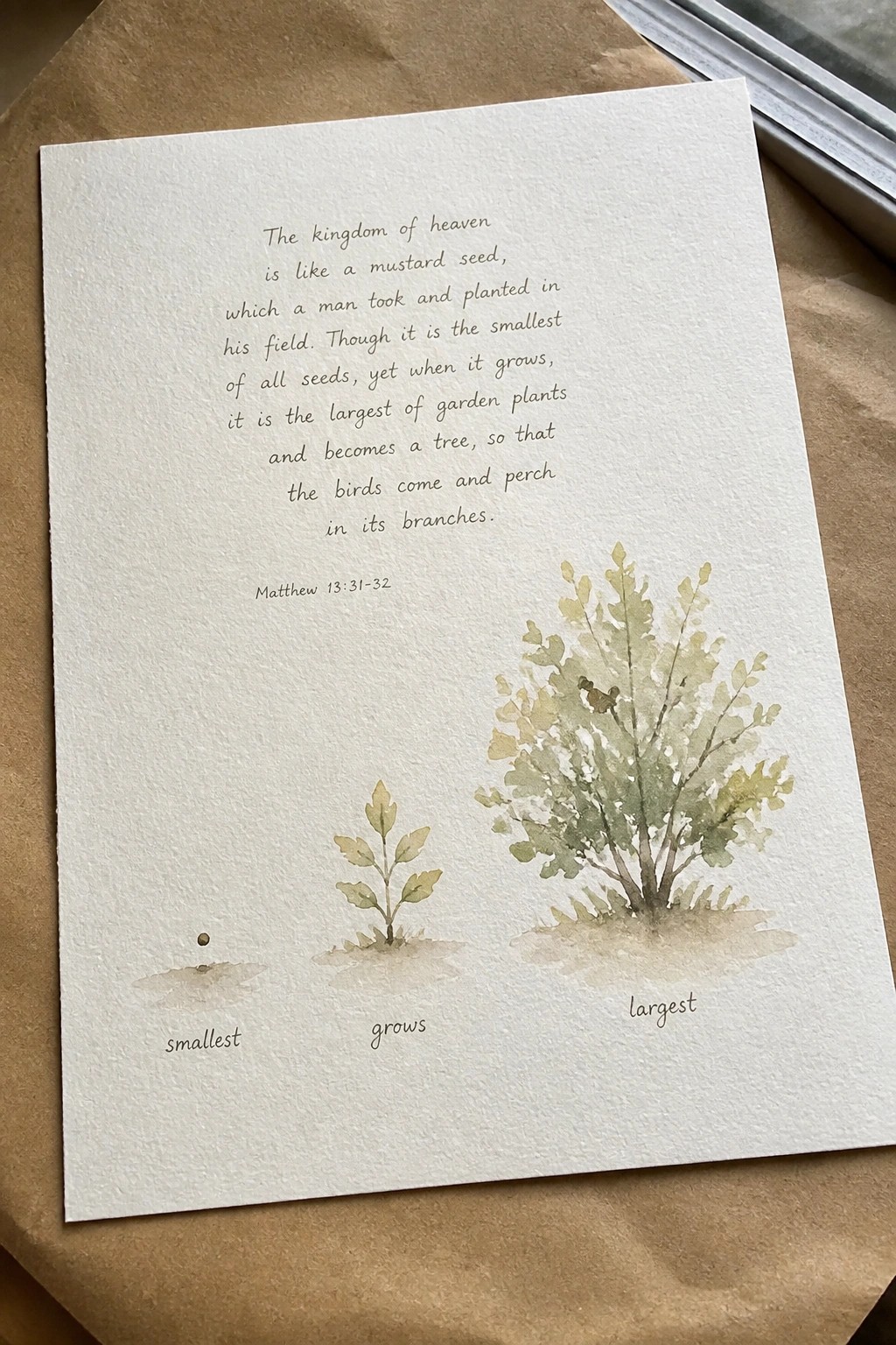 Handwritten Bible verse with watercolor mustard seed, sprouting plant, and large bush illustrations
