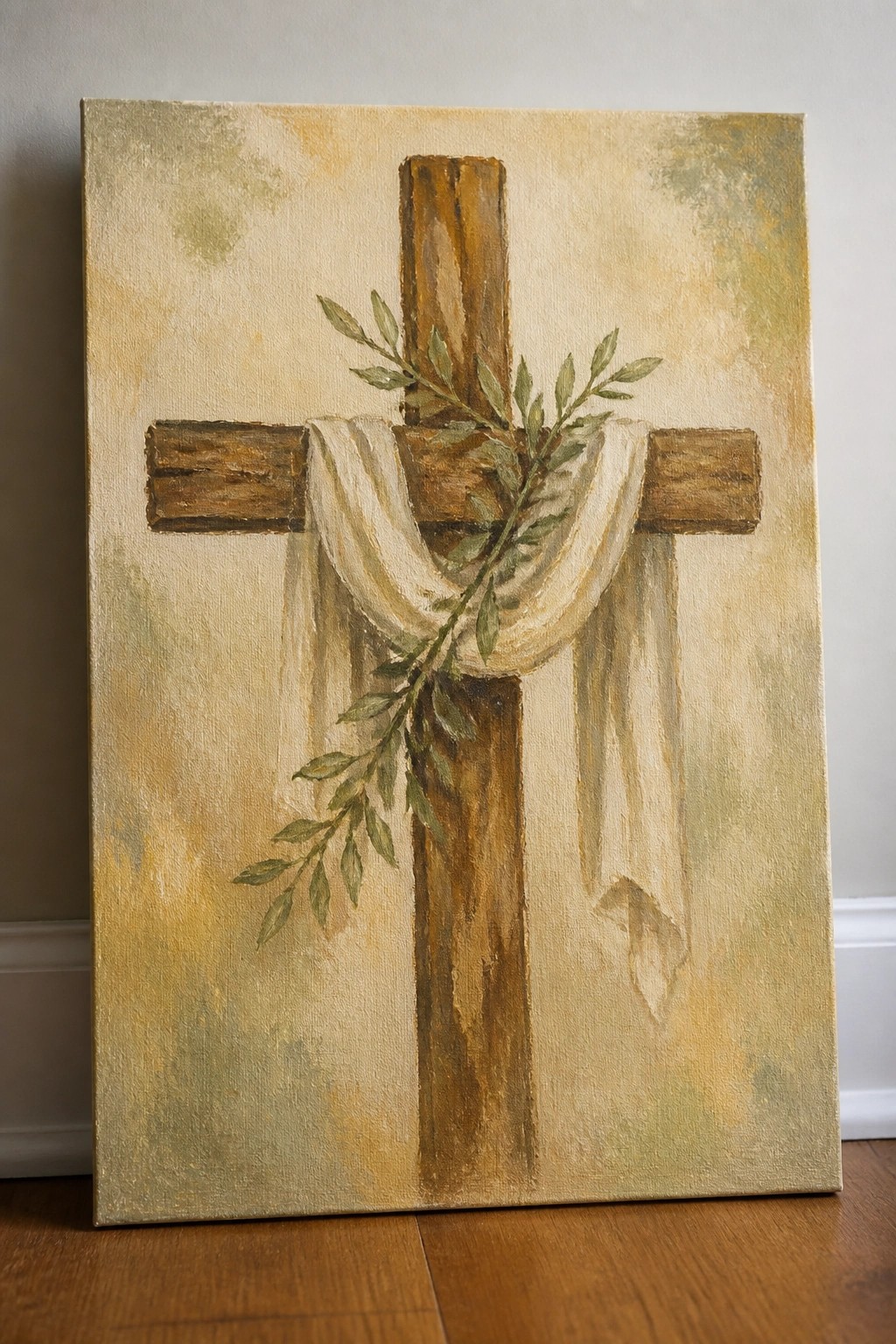 Wooden cross with white cloth and olive branch on textured background