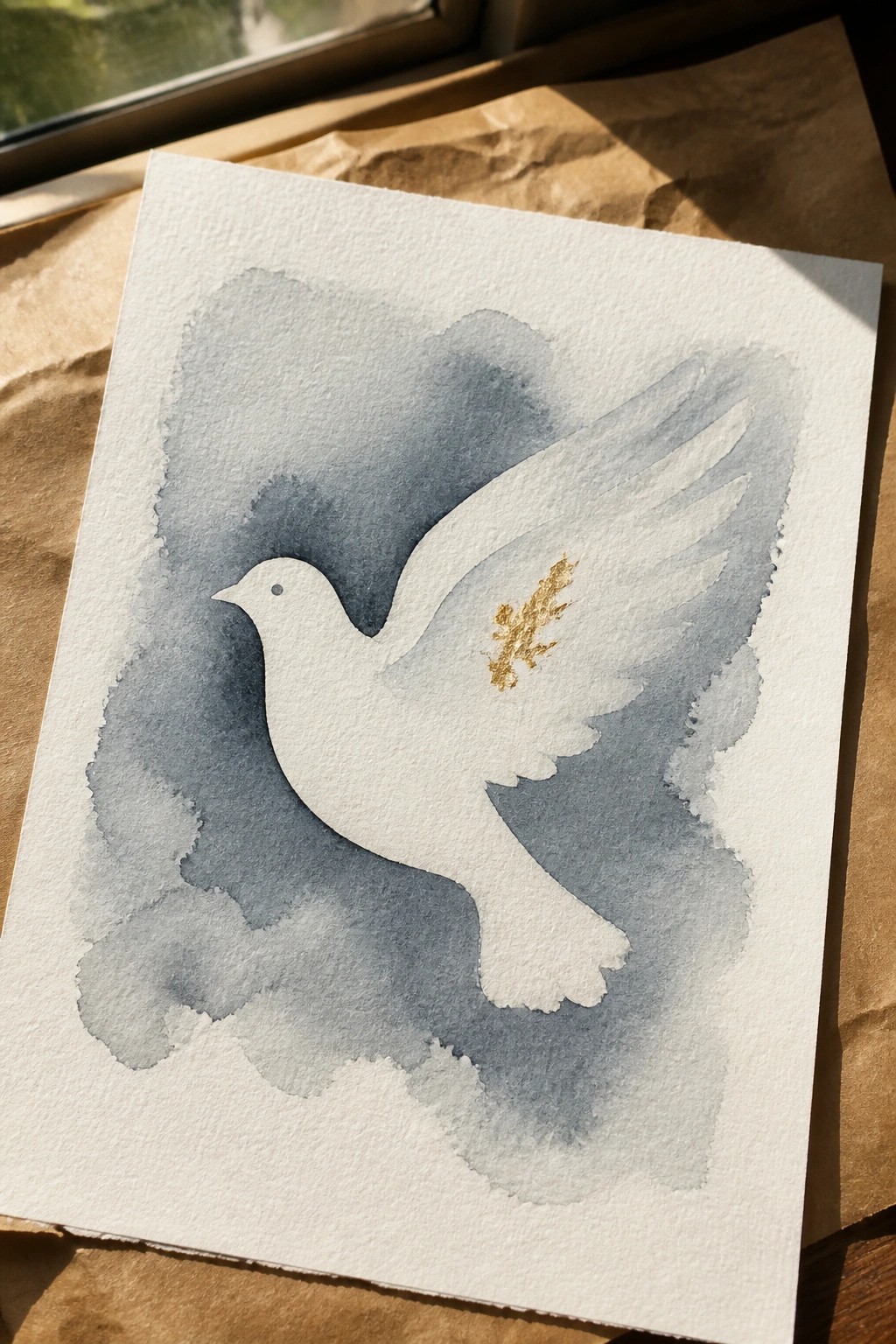 White dove watercolor with blue wash background and gold wing accent