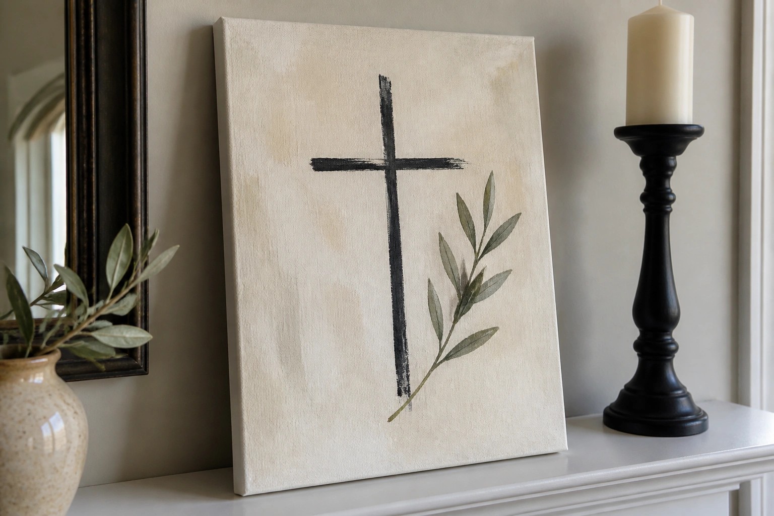 Beige canvas with black cross and leafy branch on dark wooden mantel beside vase