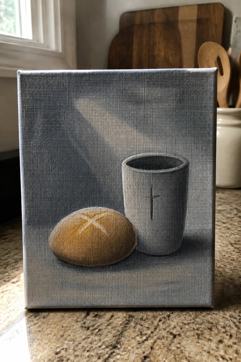 Realistic canvas painting of bread roll and cross-marked gray chalice on shaded background.