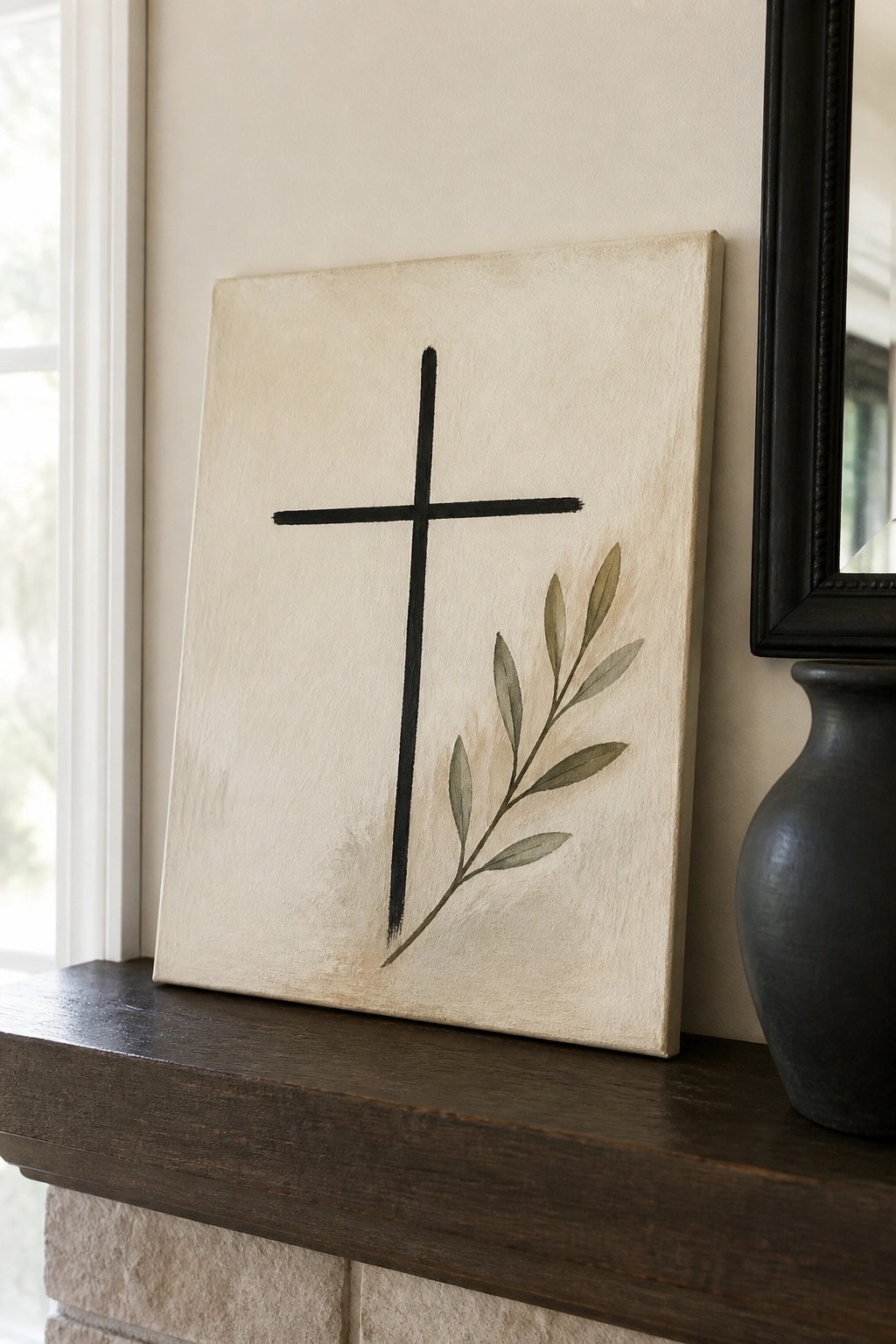 Beige canvas with black cross and leafy branch on dark wooden mantel beside vase