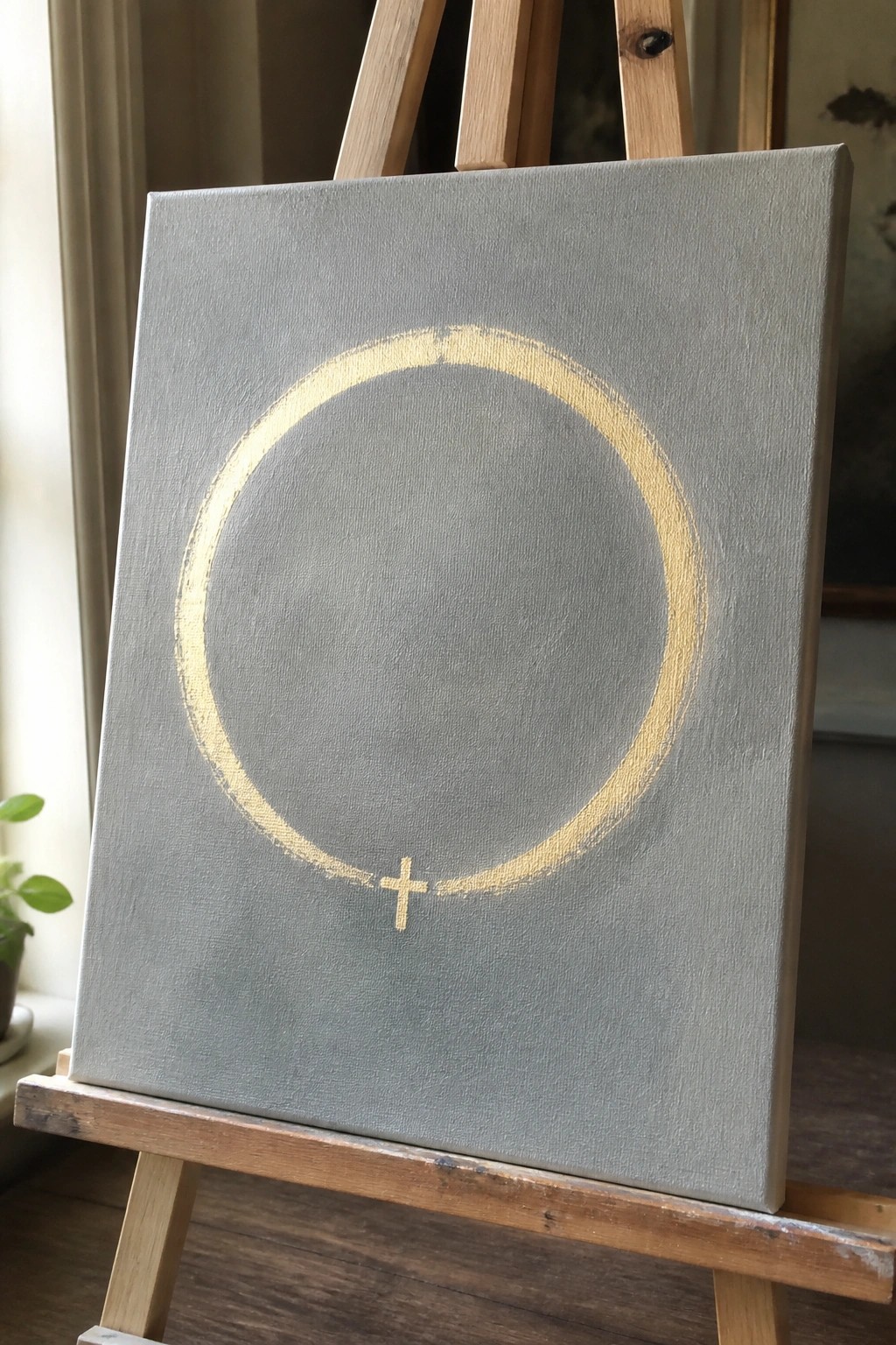 Gray canvas on wooden easel with large gold circle and cross