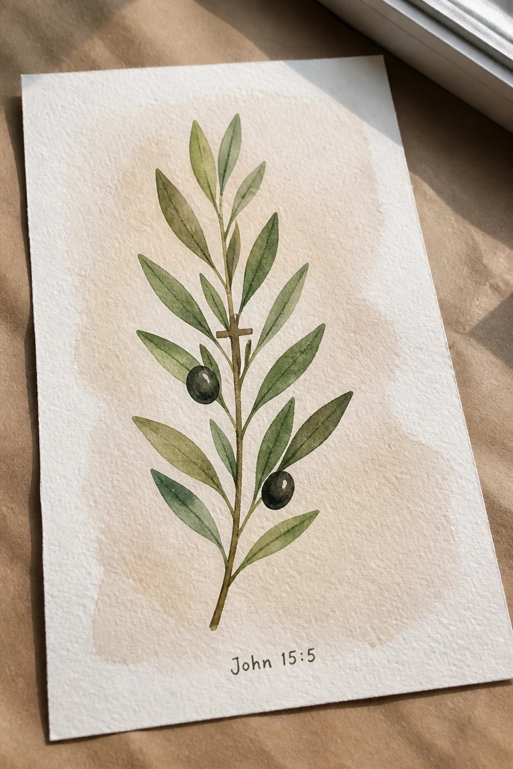 Watercolor olive branch with green leaves, two olives, wooden cross, and John 15:5 text