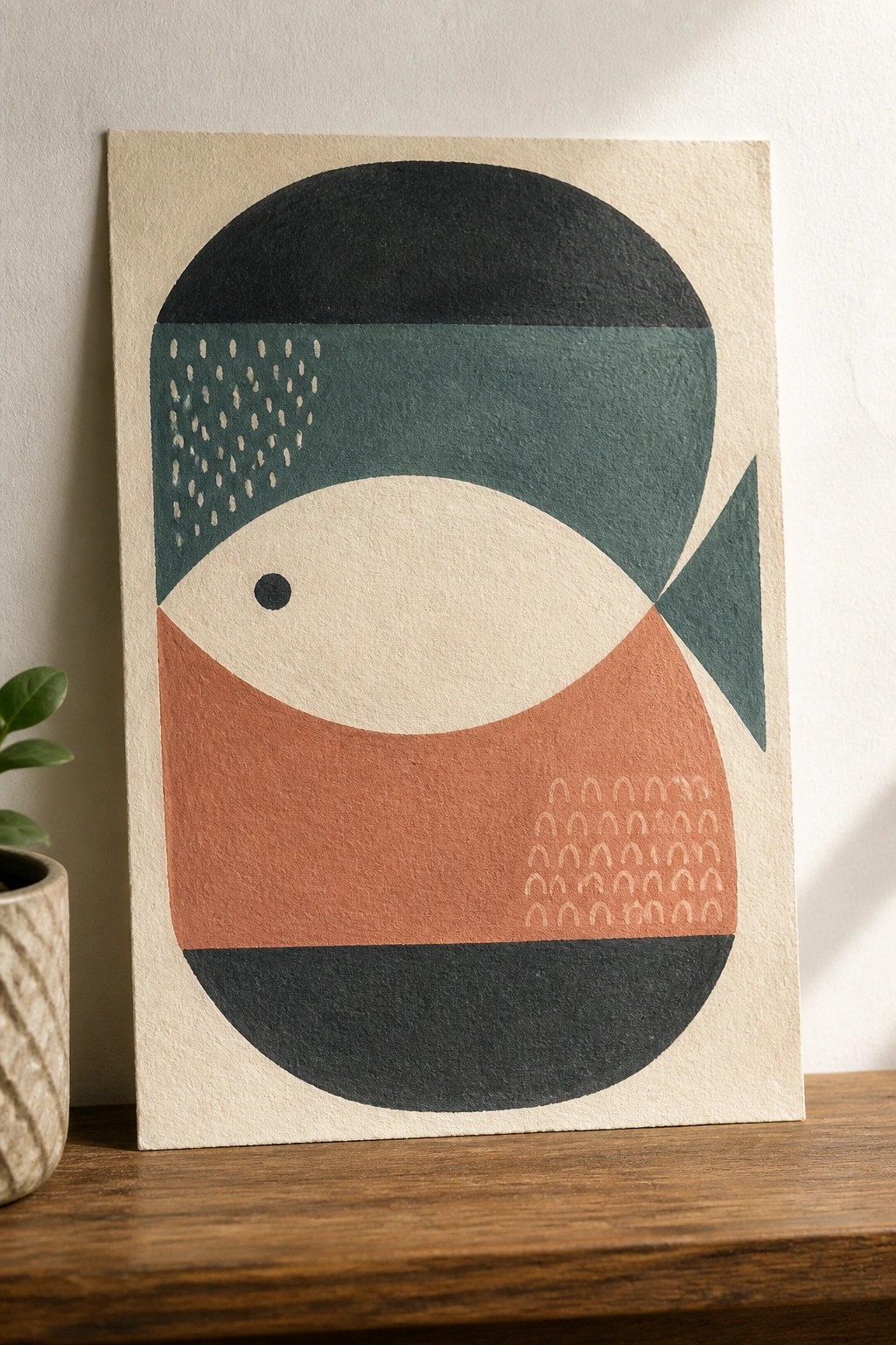 Abstract fish artwork in teal, terracotta, and black geometric shapes on beige paper