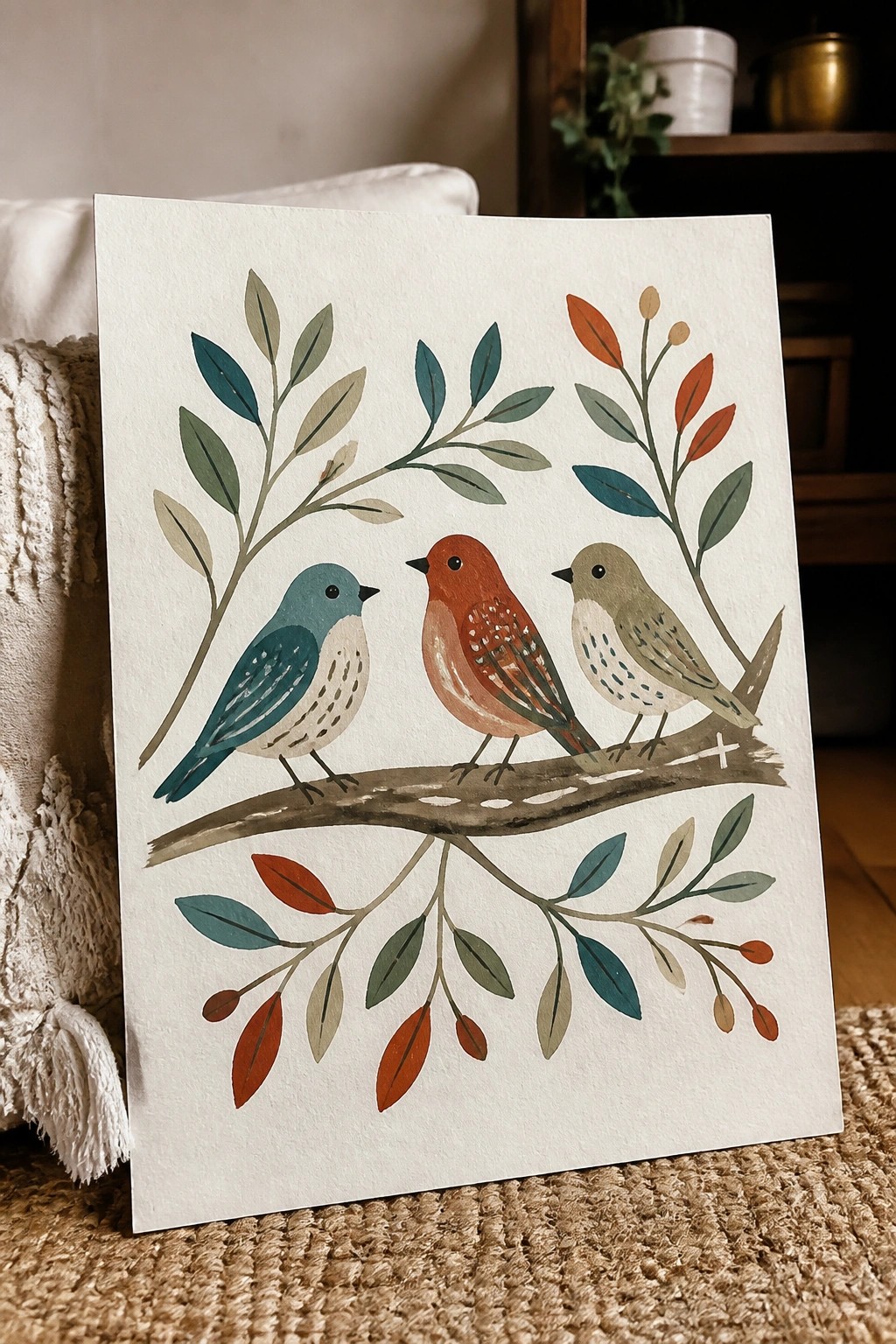 Three birds in blue, red, and green on a leafy branch with berries.