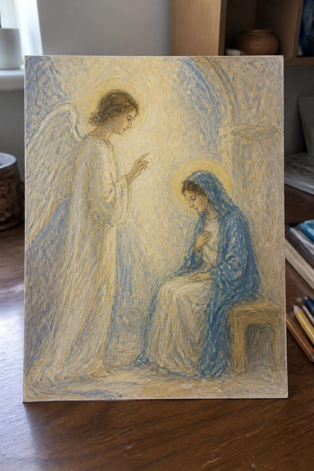 Pastel drawing of winged angel gesturing to seated woman in blue robes with halos