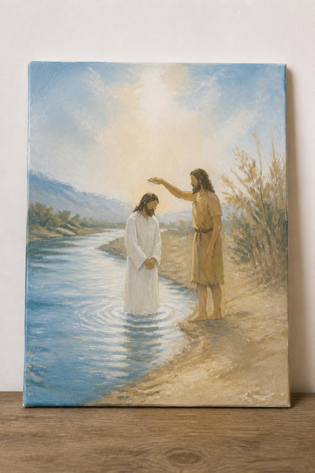 Painting of baptism: white-robed figure in blue river, brown-robed man raising hand on shore.