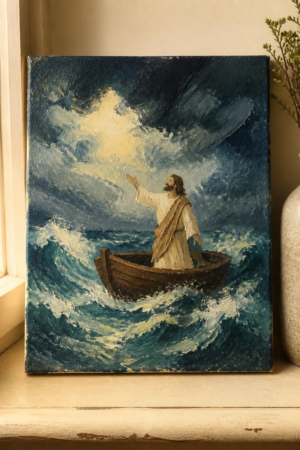 Jesus in white robes gestures from wooden boat on stormy blue waves under dark clouds.