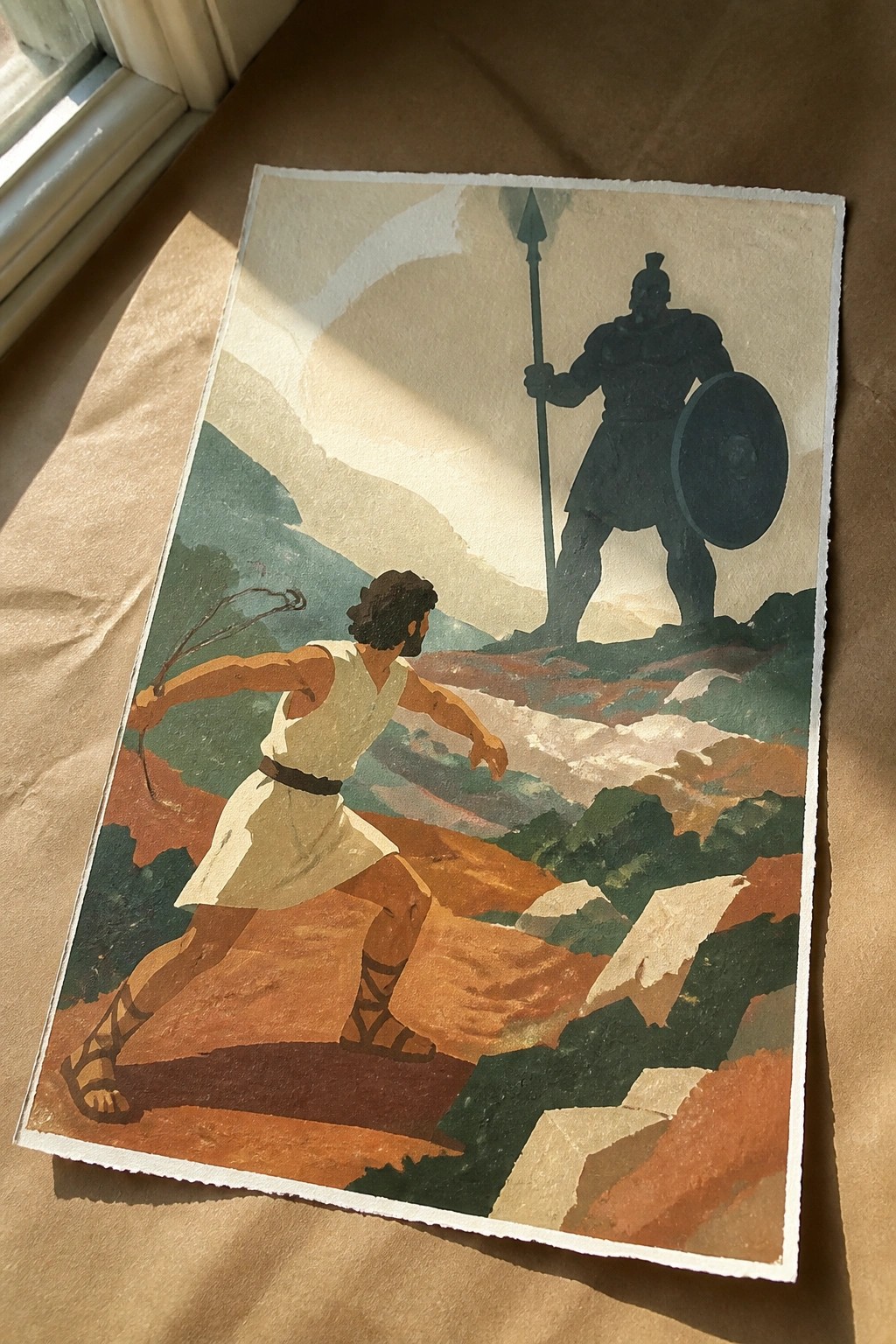 A painting shows a small man in a white tunic holding a sling and facing a large dark silhouette of an armored warrior with spear and shield on a rocky hill.