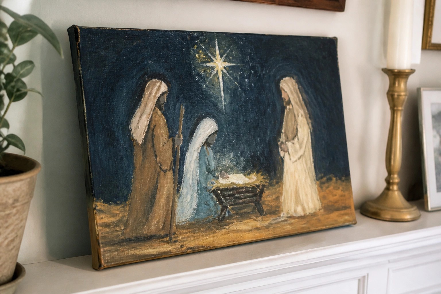 Nativity painting of Joseph in brown robe and Mary in white by manger under bright star.