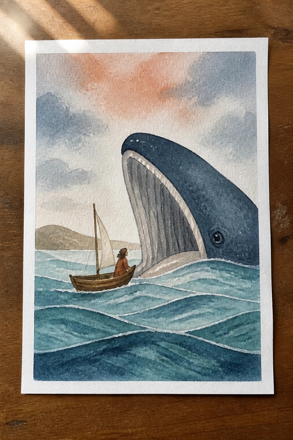Watercolor of huge blue whale with open mouth beside small sailboat and brown-clad person on waves.