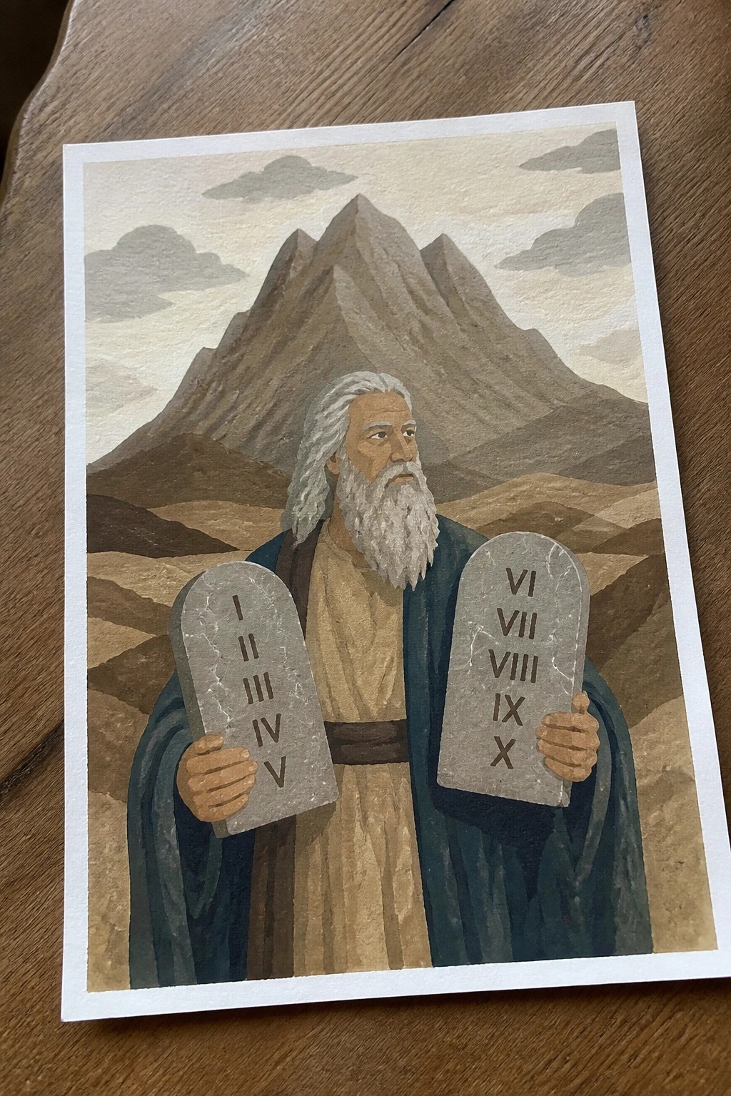 Elderly man in blue robe holding stone tablets with Roman numerals before rocky mountains.