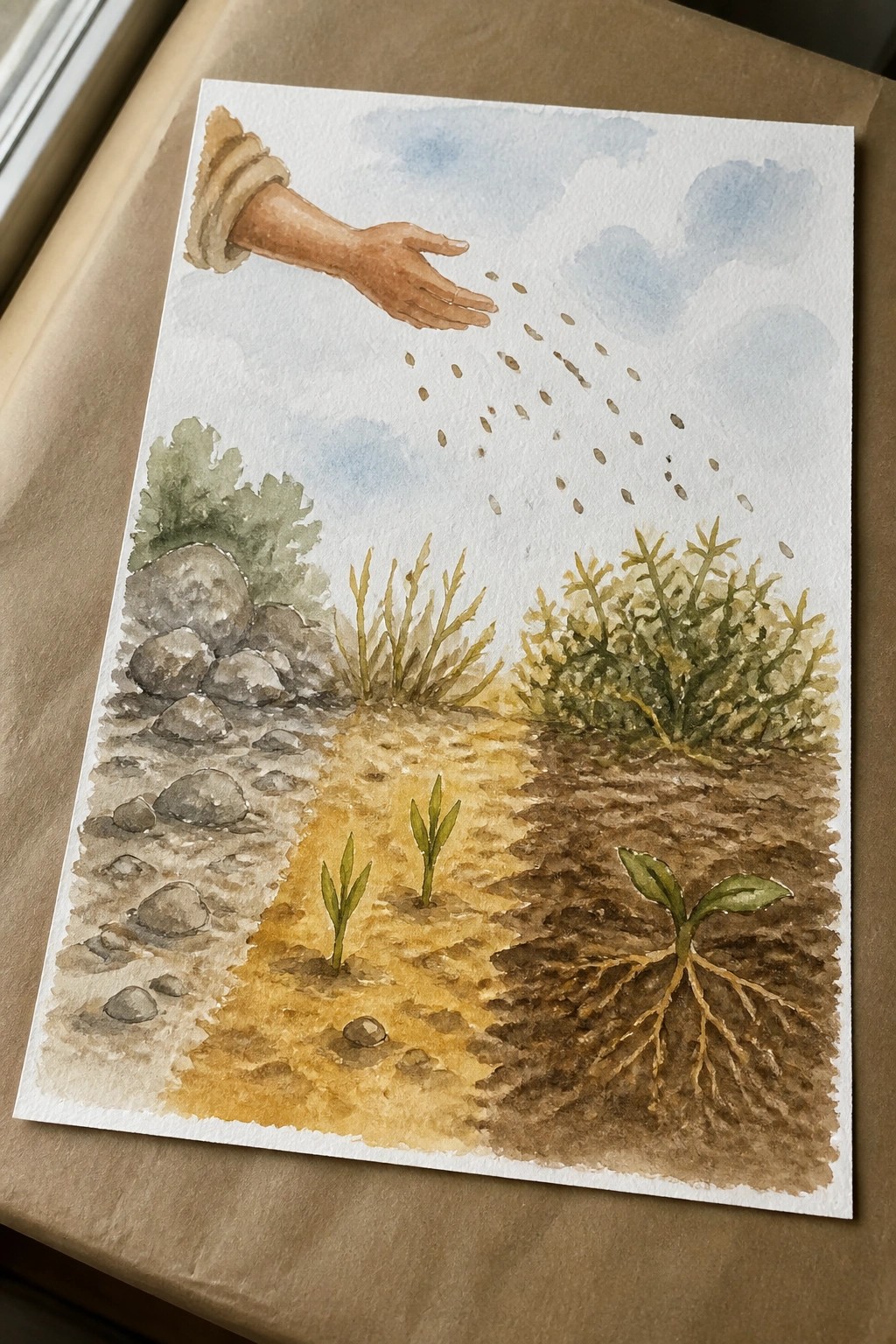 Watercolor of cuffed sleeve hand scattering seeds over rocky arid soil and rooted plants.