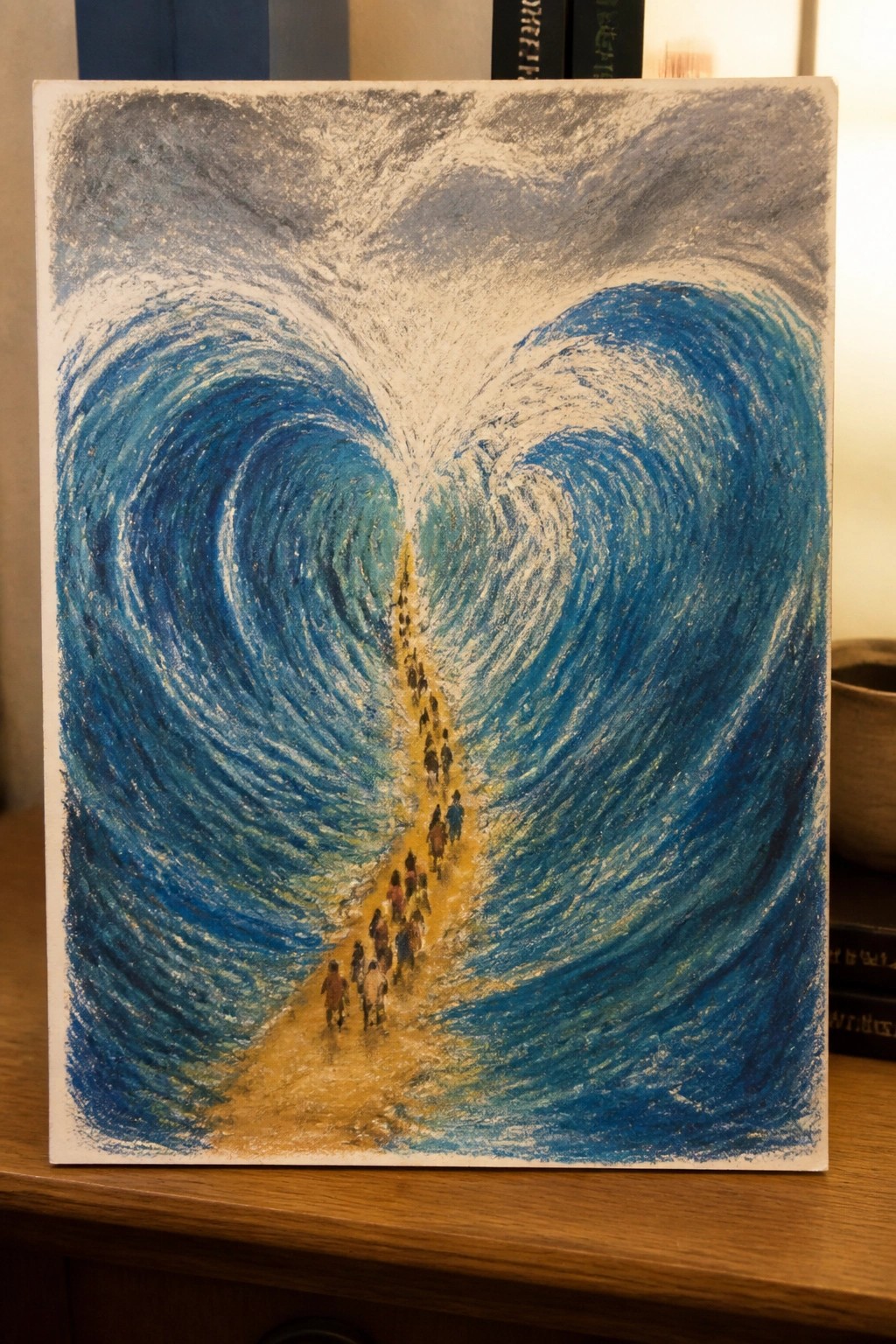 Swirling blue waves form a heart around people walking on a golden path