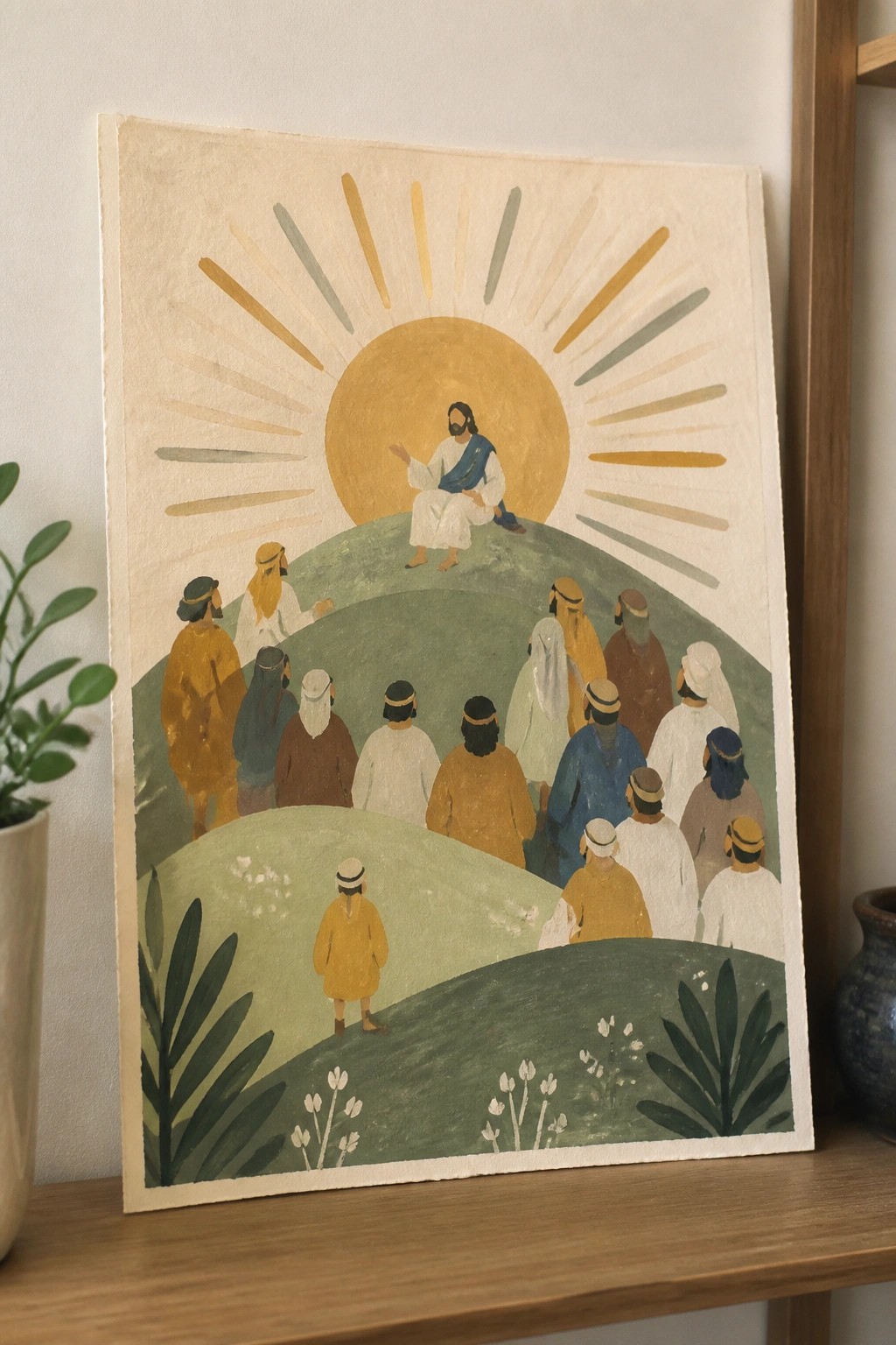 Jesus in white robes atop sunlit hill gestures to crowd in colorful robes below