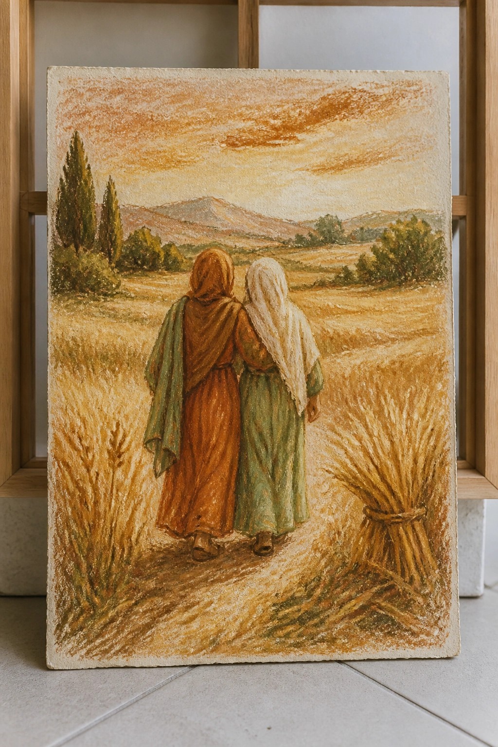 Two women in robes and headscarves walking through a golden wheat field at sunset