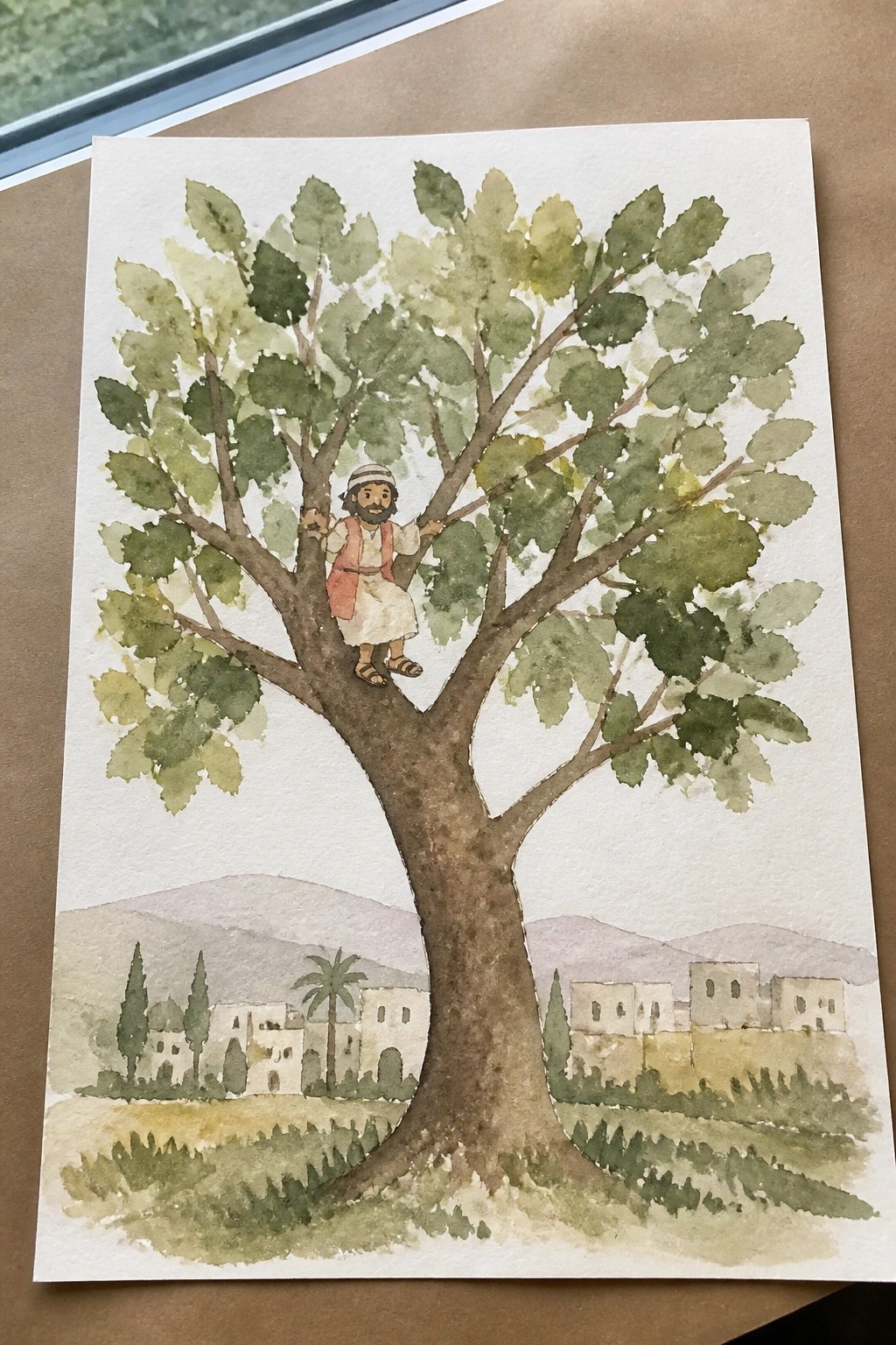 Watercolor of bearded man in robe perched on leafy tree branch above ancient village