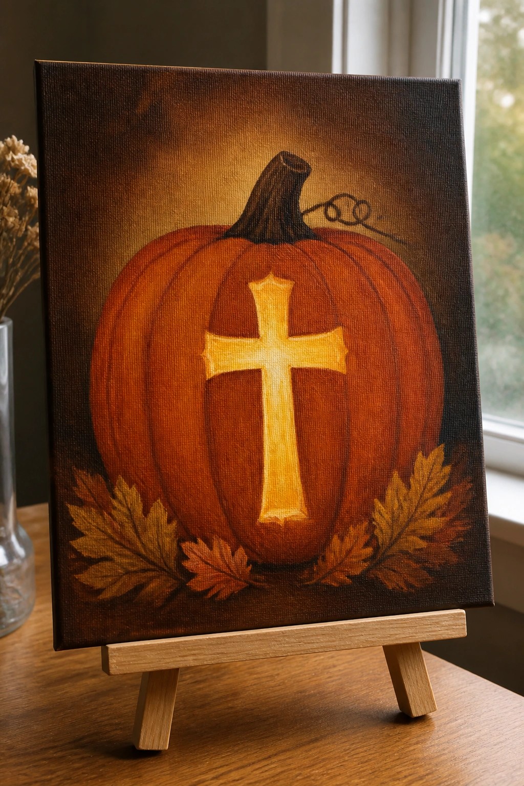 Pumpkin painting with glowing yellow cross and autumn leaves on wooden easel.