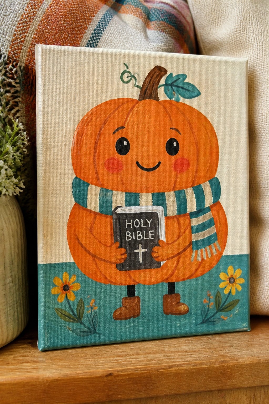 Cute painted pumpkin holding Holy Bible, wearing striped scarf and boots on canvas