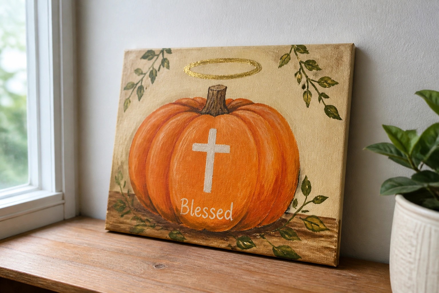 Canvas painting of orange pumpkin with white cross, golden halo, and "Blessed" text.
