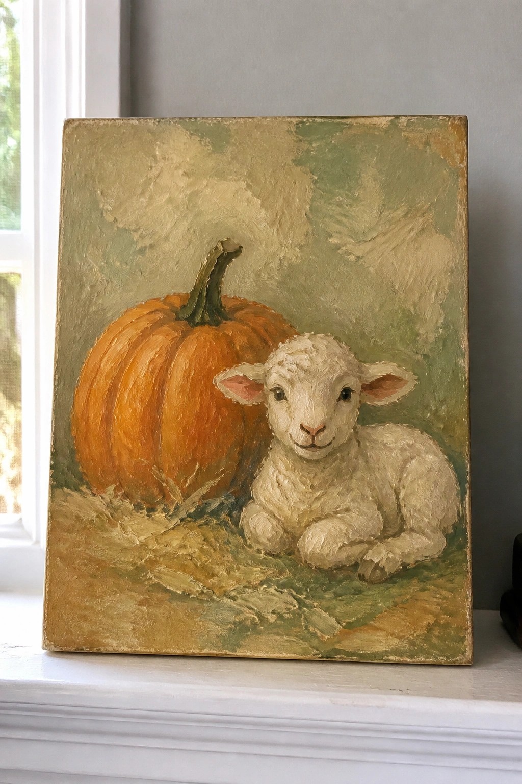 White lamb resting beside an orange pumpkin in an oil painting