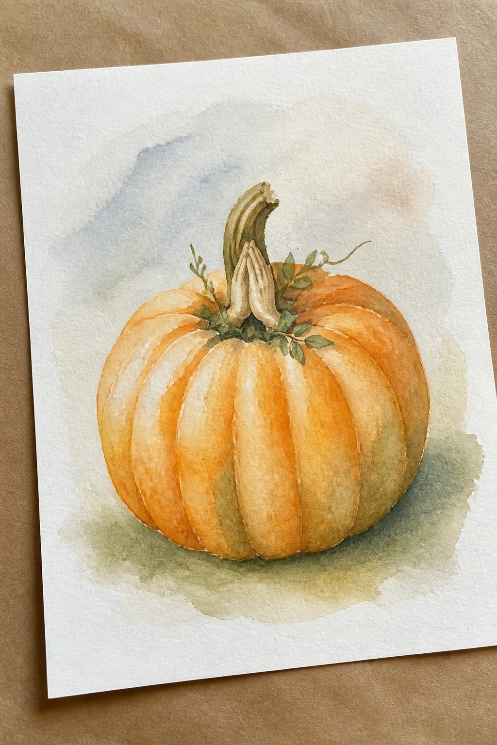 Watercolor painting of orange pumpkin with praying hands and leaves on stem