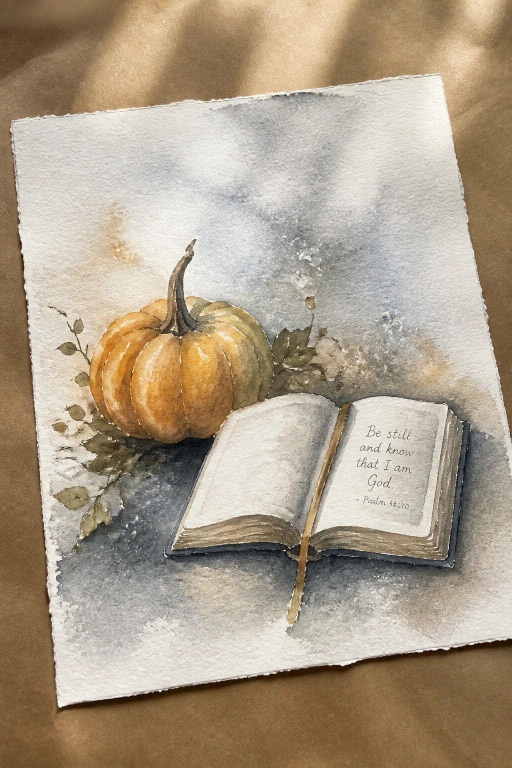 Watercolor of orange pumpkin beside open book with Psalm 46:10 verse on paper