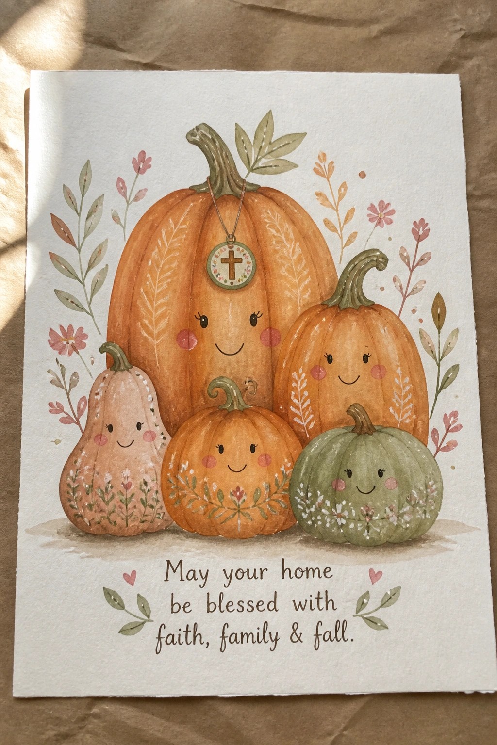 Watercolor pumpkins with smiling faces and floral accents, largest wearing cross necklace above autumn blessing text.