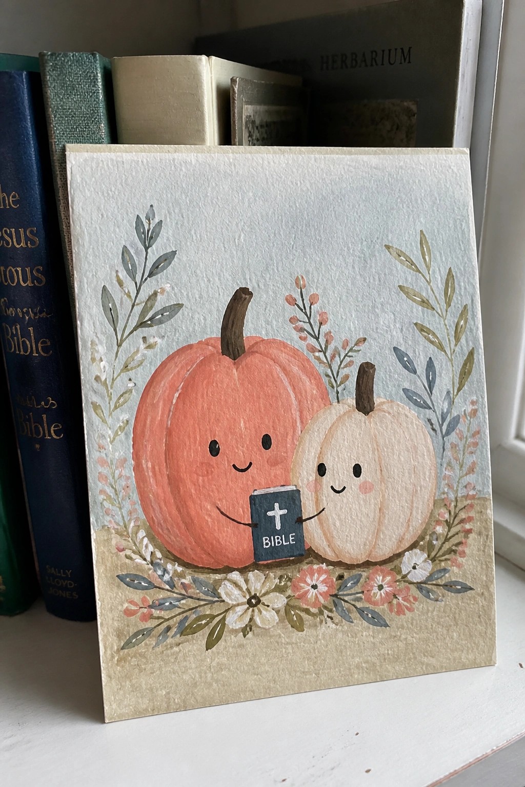 Watercolor illustration of two smiling pumpkins holding a Bible amid floral decorations