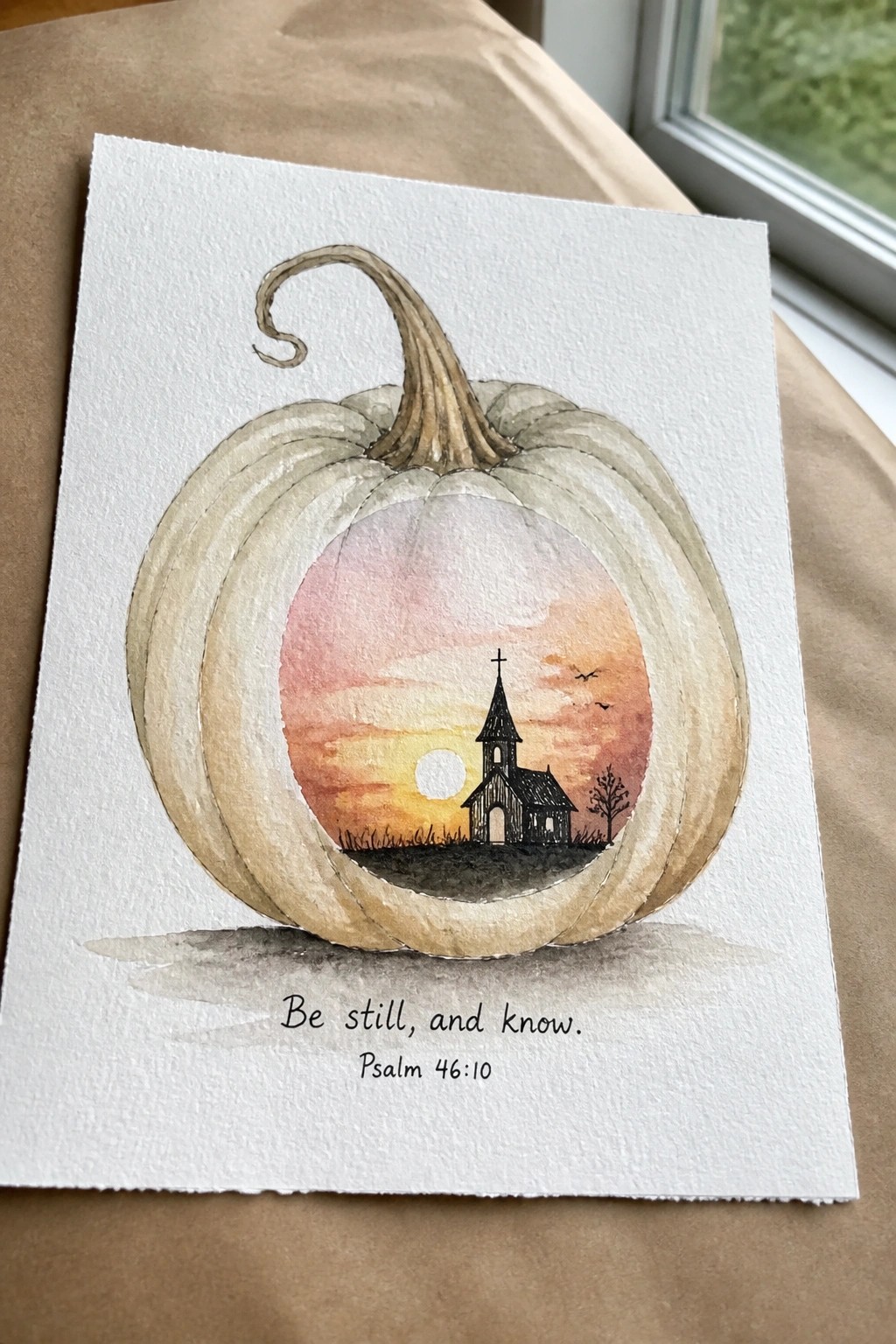 Watercolor of white pumpkin with circular sunset church scene and Psalm 46:10 text below