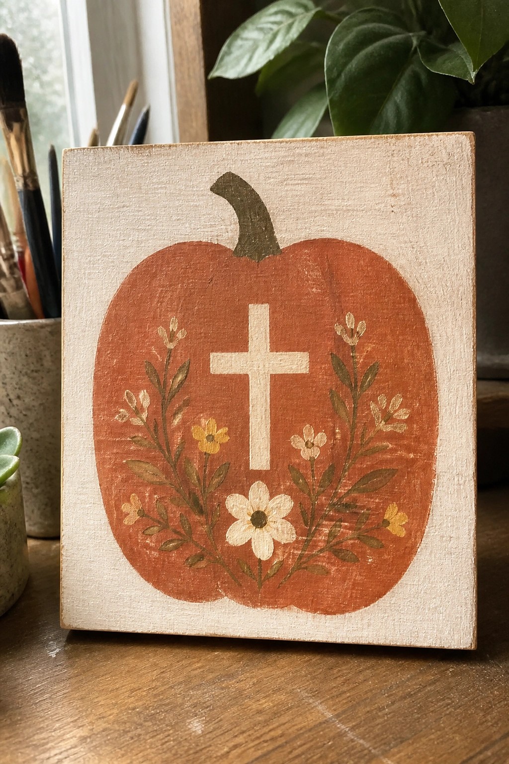 Rustic wooden sign with orange pumpkin, white cross, and floral decorations