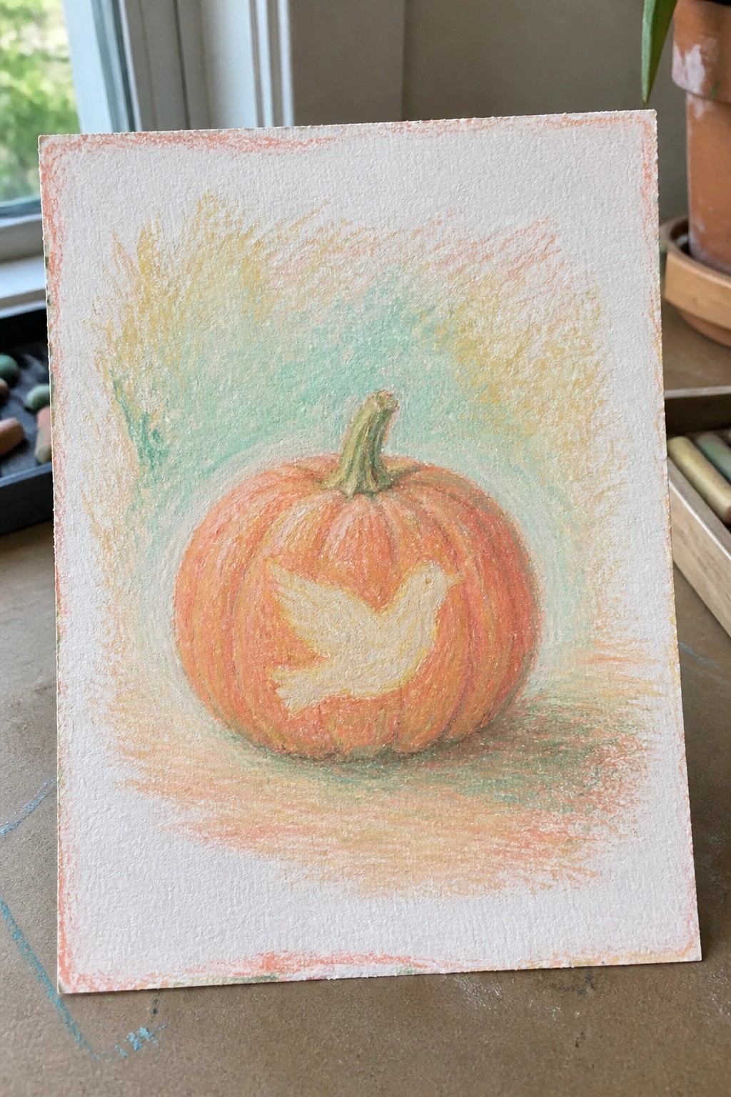 Pastel drawing of orange pumpkin carved with white dove on paper