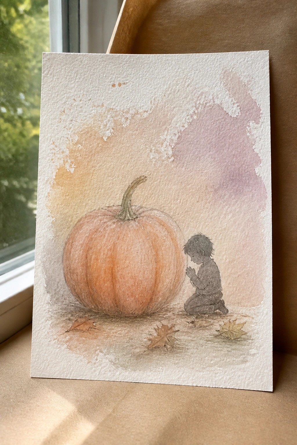 Watercolor of a child kneeling beside a large orange pumpkin with scattered autumn leaves