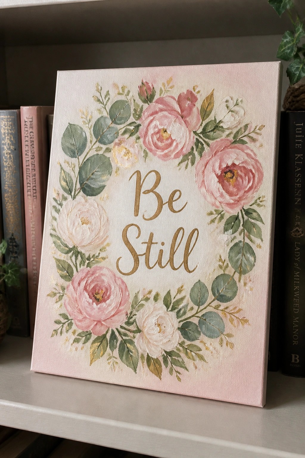 Canvas painting with pink roses, green leaves, and gold 