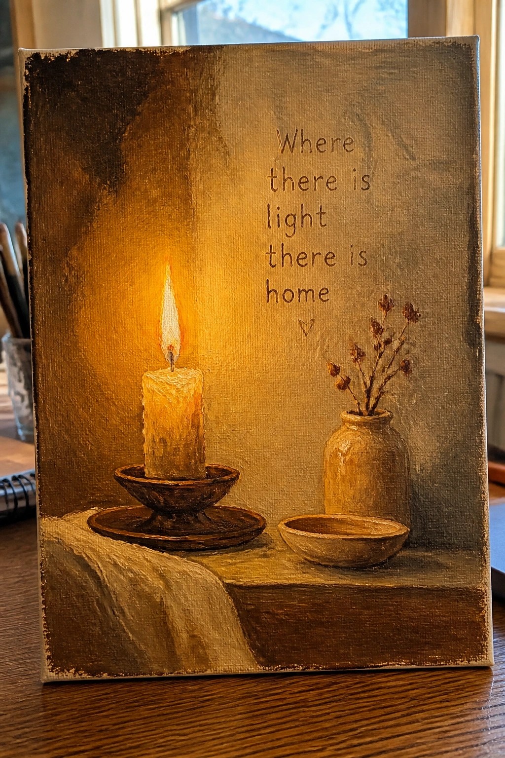Textured painting shows glowing candle, pottery vase, bowl and quote 