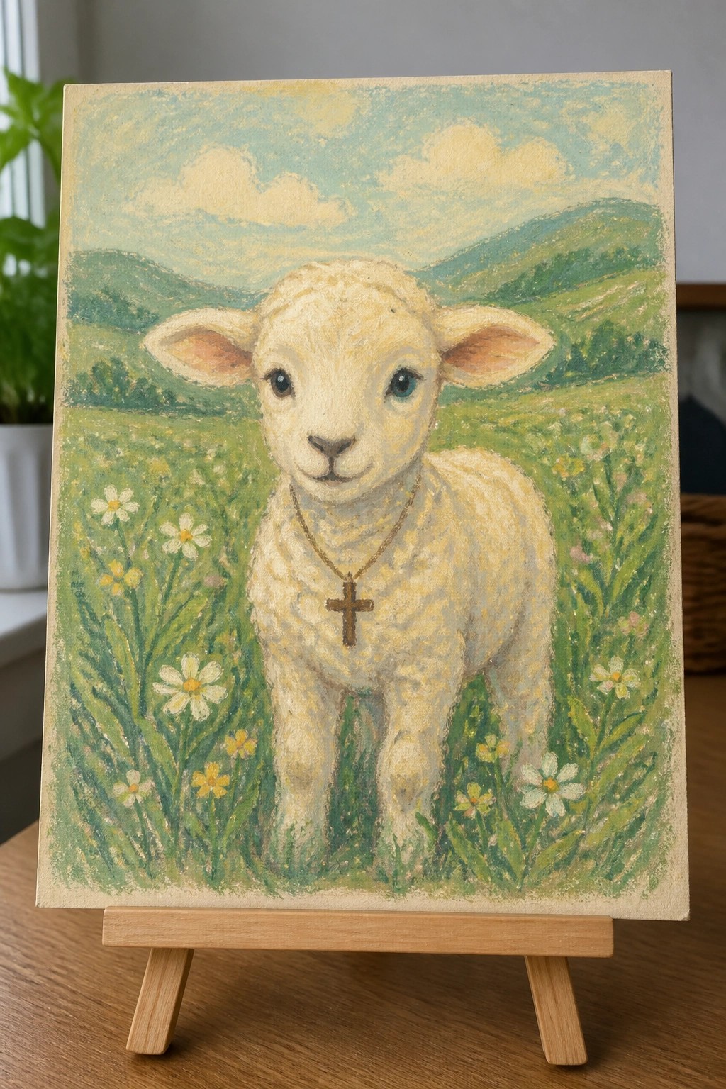 Pastel painting of white lamb with cross necklace in flowery green meadow under blue sky.