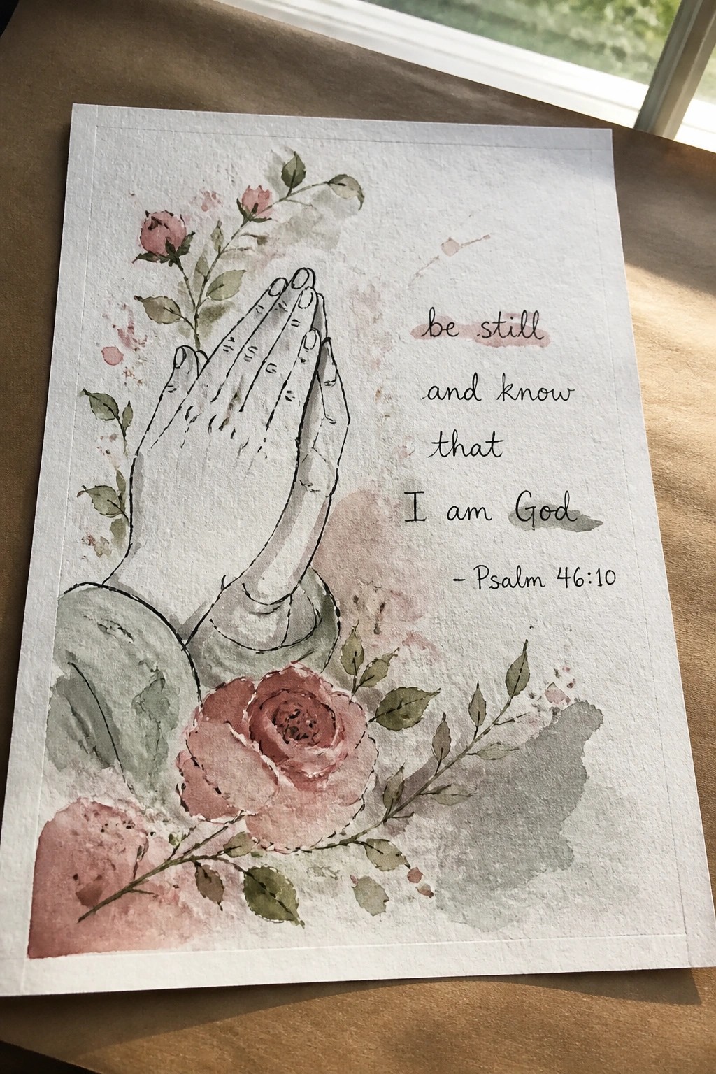 Watercolor painting of praying hands with pink roses and Psalm 46:10 quote