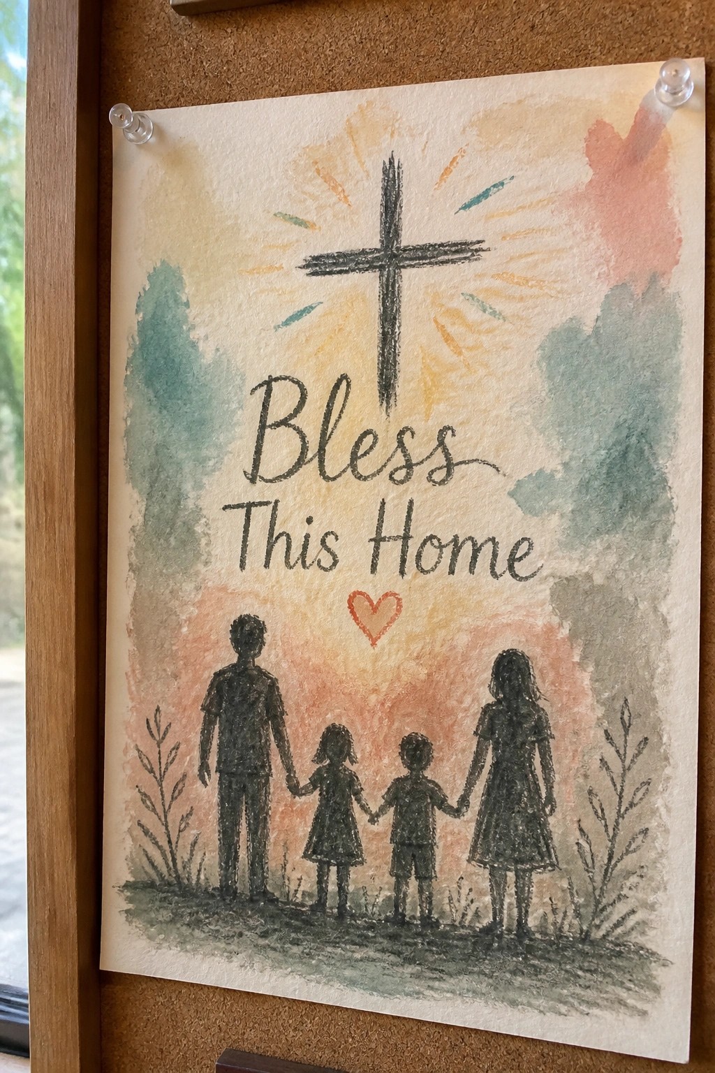 Watercolor painting of silhouetted family holding hands under cross with 