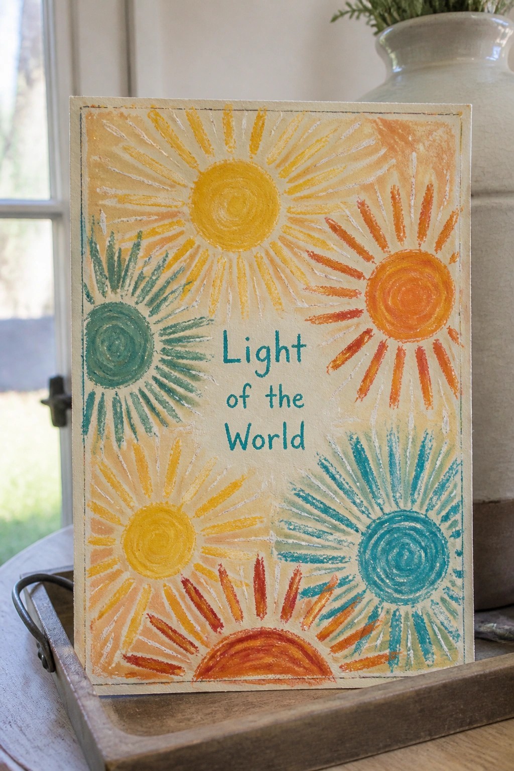 Colorful hand-painted suns in yellow, orange, and teal with 