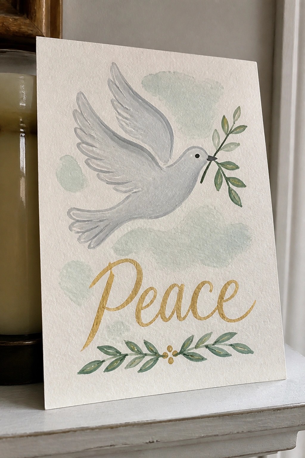 A watercolor painting of a white dove in flight carrying an olive branch, with the word Peace in gold script and soft green background washes.