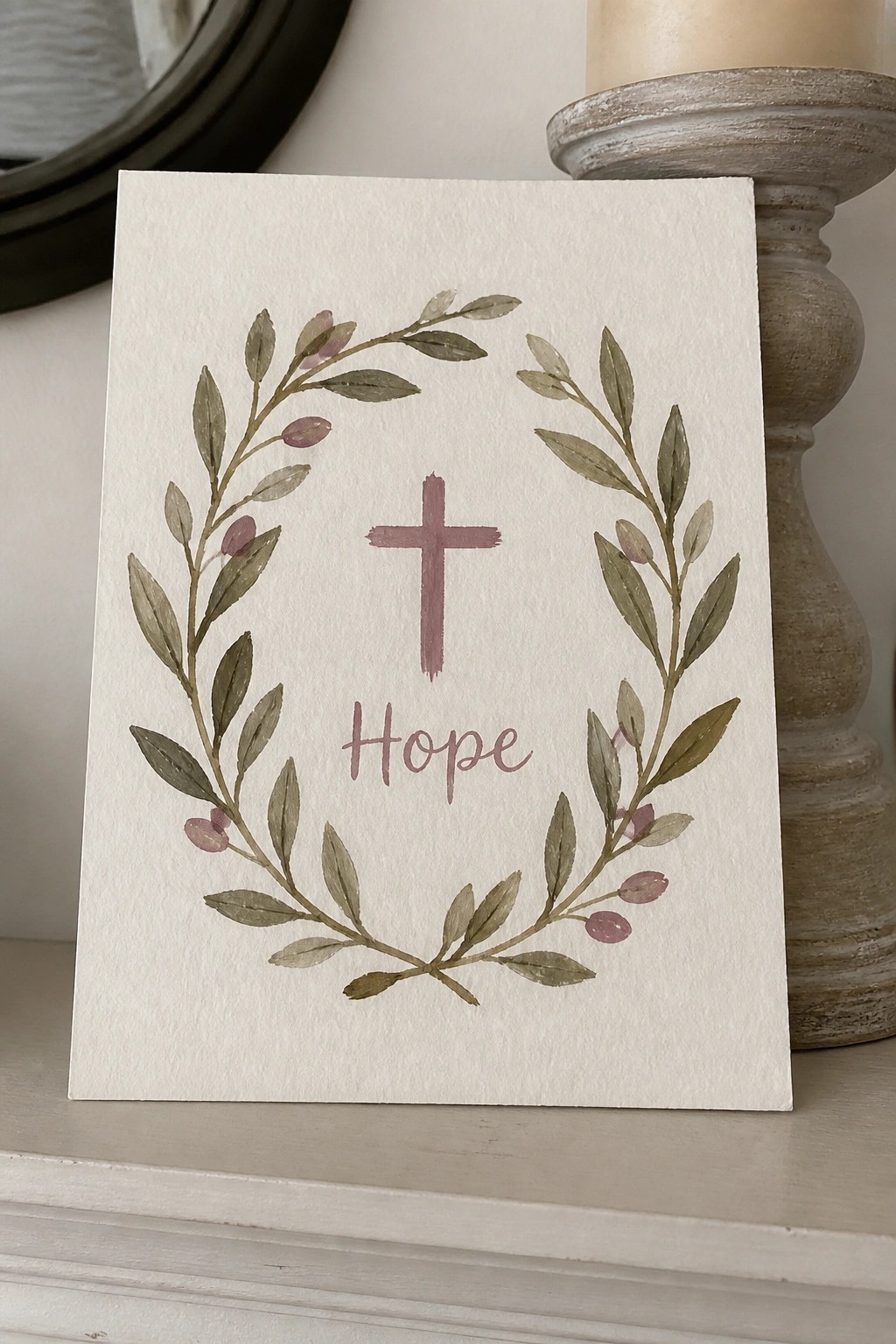 Watercolor wreath of leaves and berries framing a cross and Hope on white card