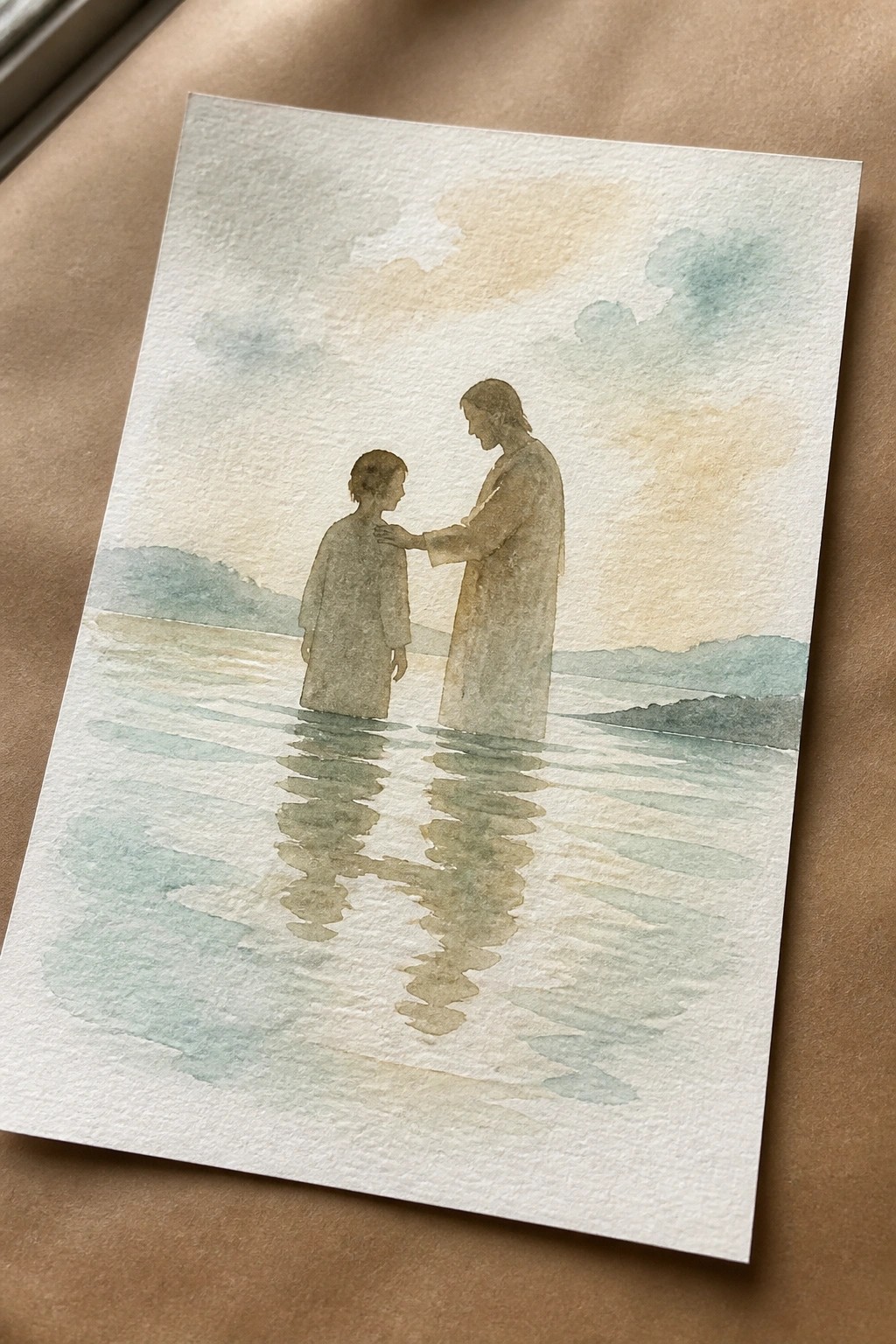Watercolor of two robed figures standing in calm reflective water with hazy hills beyond.