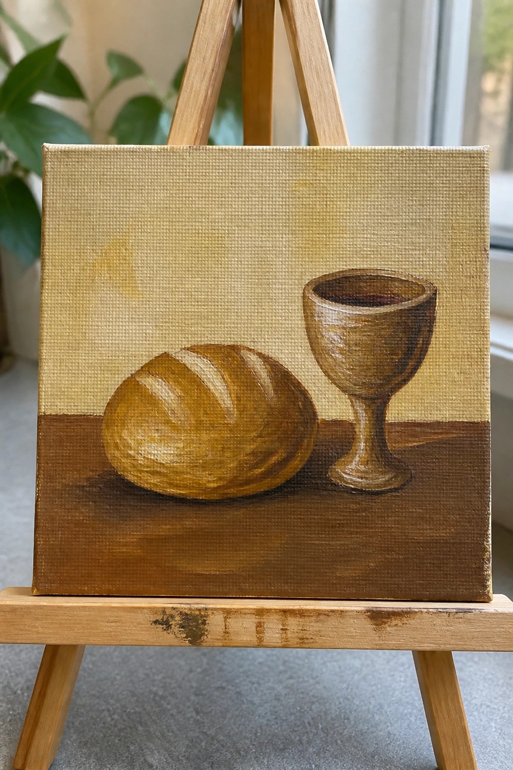 Still life painting on easel of bread loaf and goblet with red wine