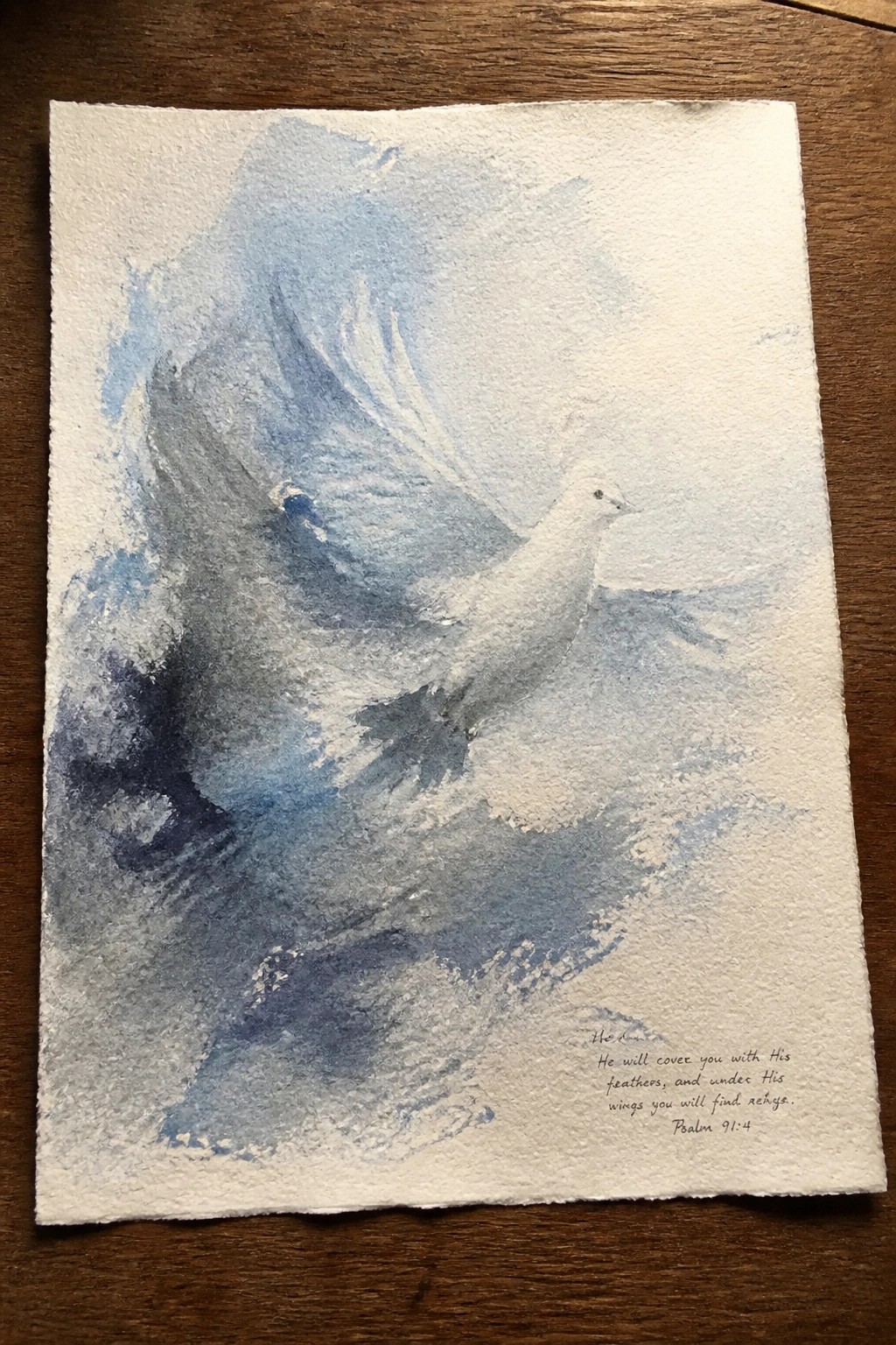 Watercolor of white dove flying over swirling blue waves beside Psalm 91:4 text